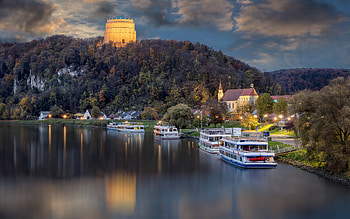 Befreiungshalle, Hall of Liberation, Danube, evening, sunset, Kelheim, Bavaria, Germany, Michelsberg hill HD wallpaper