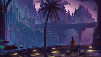 Sitting On Bike Futuristic City Tree Fantasy Digital Art, bike, artist, artwork, digital-art, fantasy, future, artstation HD wallpaper