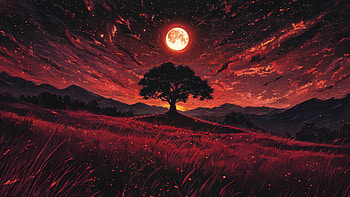 The Burning Silence, moon, mountain, trees, valley, artist, artwork, art, digital-art, ai HD wallpaper