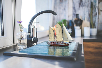 sailing over the flooded sink, tap, sink, ship, water HD wallpaper