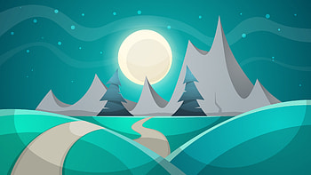 Night, cartoon, illustration, full moon, landscape HD wallpaper