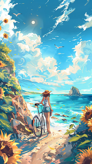 Seaside Sunflower Ride, bicycle, ocean, sand, sunflower HD phone wallpaper