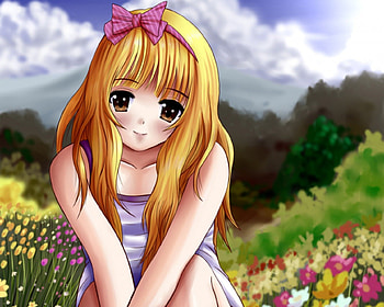 flower garden, sweet, blonde, ribbon, garden, cute, girl, long hair, anime girl, anime, petals, flower, sky, blossom, cloud, female HD wallpaper