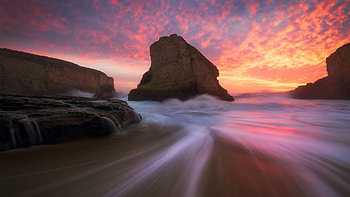 A stunning sunset behind a large sea stack near Santa Cruz, California, sky, rocks, ocean, colors, clouds, usa HD wallpaper