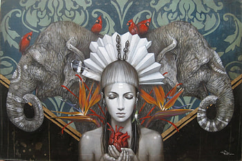 Urantia, face, girl, animal, art, strelitzia, sophie wilkins, painting, flower, portrait, pictura, elephant HD wallpaper