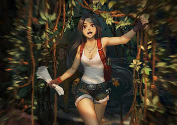 Hot woman, explorer, forest, art HD wallpaper