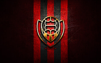 Vikingur Reykjavik FC, golden logo, Icelandic Football League, red metal background, football, Icelandic football club, Vikingur Reykjavik logo, soccer, Vikingur Reykjavik HD wallpaper