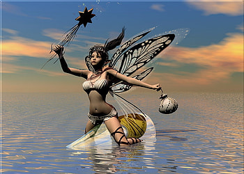 champagne fairy, blue, sea, wings, white, champagne, magic, black, bottle, fairy, pink, wand, wet, fantasy, clouds, sky, ocean HD wallpaper