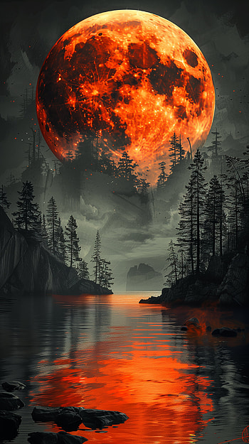 Fiery Moonrise Lake HD phone wallpaper
