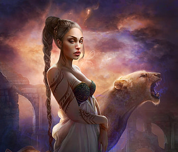 Fierce, fantasy, yellow, girl, patricia casarrubios, lion, patcas, dark, blue, leu, purple HD wallpaper