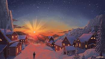 Artistic Winter Sunrise Houses With Snow Blue Sky Minimalist Minimalism HD wallpaper