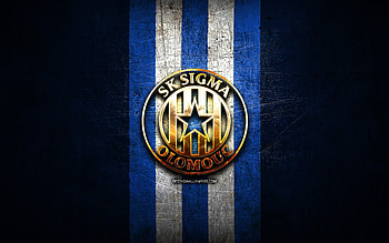 Sigma Olomouc FC, golden logo, Czech First League, blue metal background, football, czech football club, Sigma Olomouc logo, soccer, SK Sigma Olomouc HD wallpaper