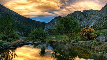 Sunset in New Zealand, Nature, Pond, Sunset, Mountain HD wallpaper