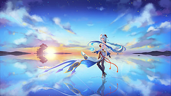 Ganyu (Genshin Impact), water, cloud, sky, sunset, video game, Genshin Impact HD wallpaper