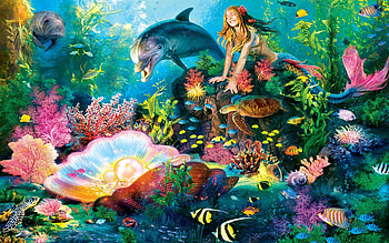 Secrets of the Deep, fish, mermaid, painting, dolphin, shell HD wallpaper