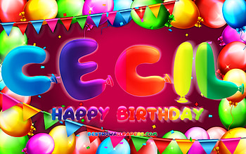 Happy Birtay Cecil, , colorful balloon frame, Cecil name, purple background, Cecil Happy Birtay, Cecil Birtay, popular german female names, Birtay concept, Cecil HD wallpaper