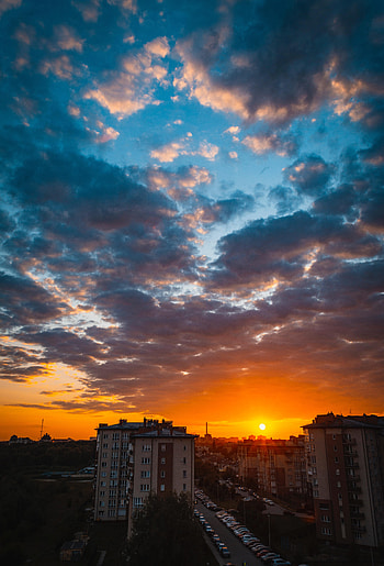 Cities, Sunset, Clouds, City, Building, Parking HD phone wallpaper
