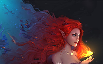 Ariel, frumusete, mermaid, art, gorgeous, girl, superb, summer, fantasy, pesti, yellow, fish, redhead, luminos, nekocuong, siren, vara, blue HD wallpaper
