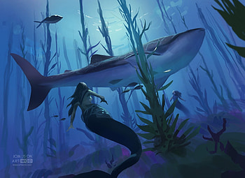 Mermaid and whale, blue, whale, mermaid, art, girl, summer, antonio stappaerts, fantasy, pesti, underwater, luminos, fish, siren, vara HD wallpaper