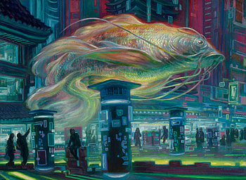 Light drifter koi, donato giancola, pesti, fish, koi, vara, golden, blue, art, summer, fantasy, giant HD wallpaper