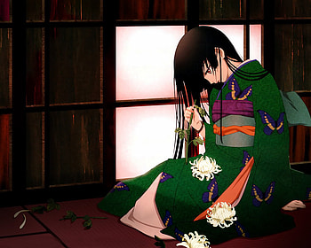 sad girl,green kimono, sad girl, green kimono HD wallpaper