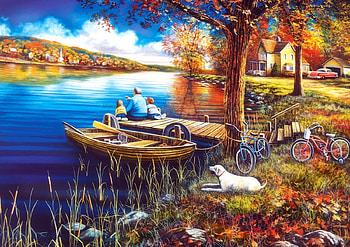 A Day on the Dock, dog, boat, colorful, fishing, attractions in dreams, paintings, houses, love four seasons, lakes, leaves, bikes, rural, autumn, nature, fall season HD wallpaper