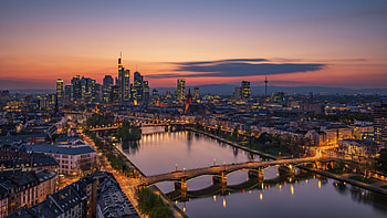 Frankfurt, Sunrise, Town, Evening, Modern, Bridge, Skyscraper, Urban, River, Sky, Sunset, Water, City, Houses, Buildings, Germany, Old HD wallpaper