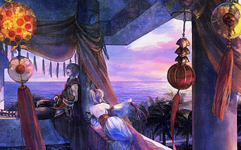 Music and wind, blue, guitar, music, painting, dolce far niente, couple, moment, ocean, cloud, sea, art, exotic, tree, wind, tender, pink, anime, light, love, red, nature, sky, lantern, manga, evening HD wallpaper