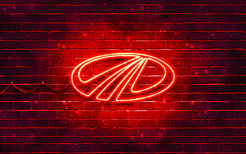 Mahindra red logo, , red brickwall, Mahindra logo, brands, Mahindra neon logo, Mahindra HD wallpaper
