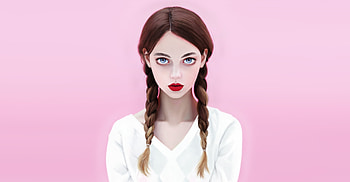 Brunette Red Lipstick Blue Eyes Face With Braids, artist, artwork, digital-art, girls HD wallpaper