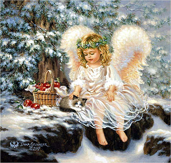 Little angels * By Dona Gelsinger, kitten, art, cute, cat, tree, dona gelsinger, painting, heaven, christmas, fruit, apple, cloud HD wallpaper