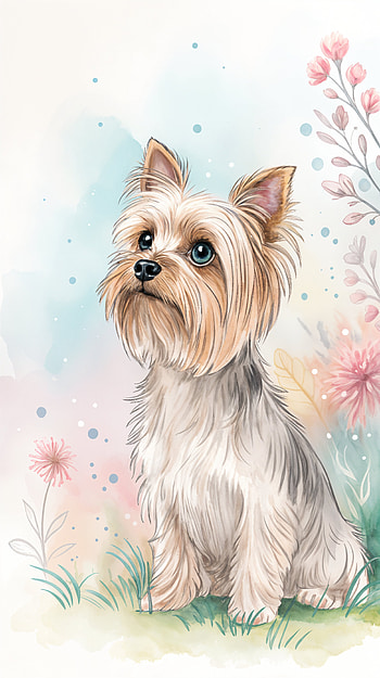 Charming Yorkshire Terrier , dog, illustration, pet, flower HD phone wallpaper