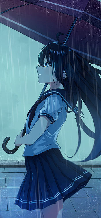 rain, black hair, long hair, umbrella, Anime, Original, Rain Anime HD phone wallpaper