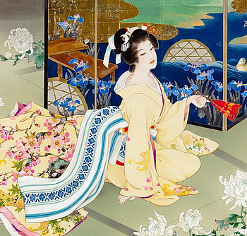 Geisha, hand fan, kimono, asian, art, yellow, girl, haruyo morita, evantai HD wallpaper