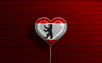 I Love Berlin, , realistic balloons, red wooden background, german cities, flag of Berlin, Germany, balloon with flag, Berlin flag, Berlin, Day of Berlin HD wallpaper