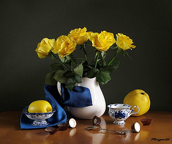 still life, bouquet, graphy, kettle, nice, rose, flower, lemon, fruit, , roses, elegantly, beautiful, cup, candy, pretty, yellow, cool, apple, flowers, lovely, harmony HD wallpaper