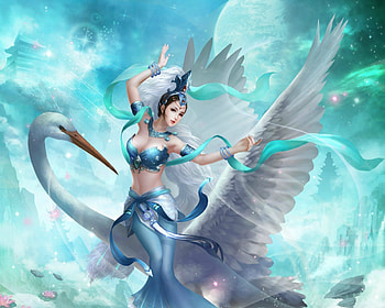 Fantasy girl, blue, wings, white, frumusete, asian, bird, pasare, girl, crane, feather, fantasy, sky, luminos, pasari HD wallpaper