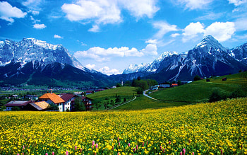 Zugspitze, Bavaria, wildflowers, house, clouds, germany, landscape, sky, alps HD wallpaper