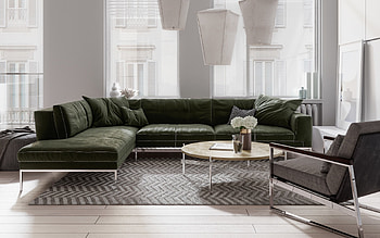 stylish interior design, living room, large green sofa, idea for a living room, modern interior, modern interior style HD wallpaper