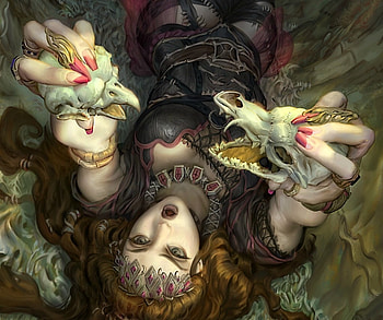 Bored Necromancer girl, bones, girl, hand, view from the top, fantasy, bored necromancer, john silva, game, close-up, luminos HD wallpaper