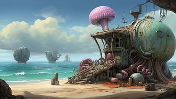 Fantasy Beach House with Mushroom and Octopus -, beach, surreal, fantasy, architecture, ocean HD wallpaper
