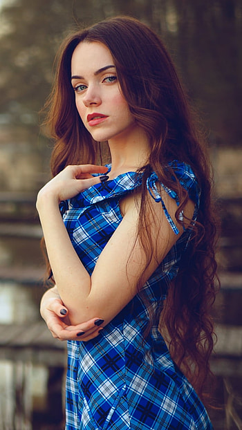 Redhead Muse: Long-Haired Model in Blue Dress — , redhead, long hair, dress, woman, model HD phone wallpaper