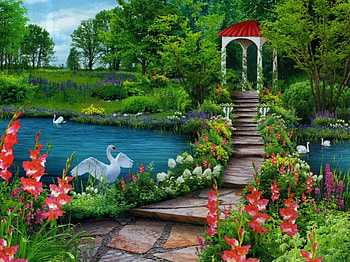 Gazebo of love, plants, peaceful, serenity, nice, quiet, trees, greenery, water, calm, pond, tranquility, art, gazebo, paradise, romance, beautiful, lake, park, summer, swans, fantasy, pretty, love, bridge, nature, romantic, flowers, lovely, calmness HD wallpaper