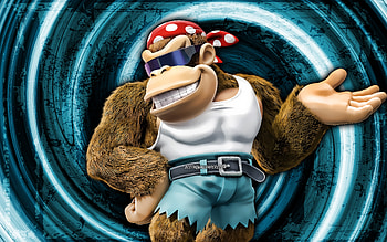 Funky Kong, blue grunge background, vortex, Super Mario, cartoon monkey, Super Mario characters, Super Mario Bros, Funky Kong Super Mario HD wallpaper