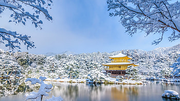 Golden Pavilion, winter, golden, japanese, scenery, snow, japan, kinkaku, lake HD wallpaper