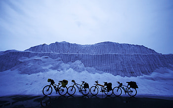 Waiting for us, blue, horizon, bicycle, excursion, nature, mountain HD wallpaper