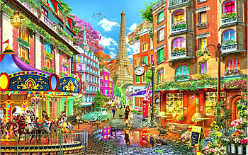Paris Eiffel, carousel, eiffel tower, painting, car, street, flowers, houses, people HD wallpaper