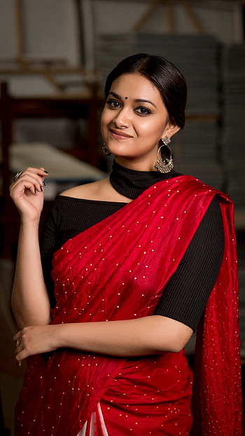 Keerthi Suresh, Red Saree HD phone wallpaper