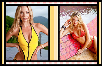Candice Swanepoel, model, blonde, girl, beauty, woman, cehenot, collage, summer, pink, swimsuit, yellow, red, water HD wallpaper