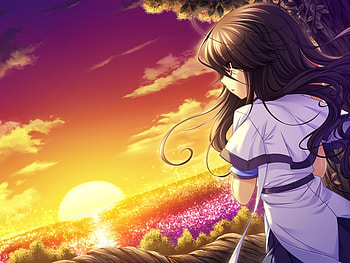 Sunset, glow, girl, long hair, anime, shine, clouds, sky, sun HD wallpaper
